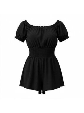 Hollister Women's Smocked Romper Size L Black Peasant Waist Puff Sleeve Lined